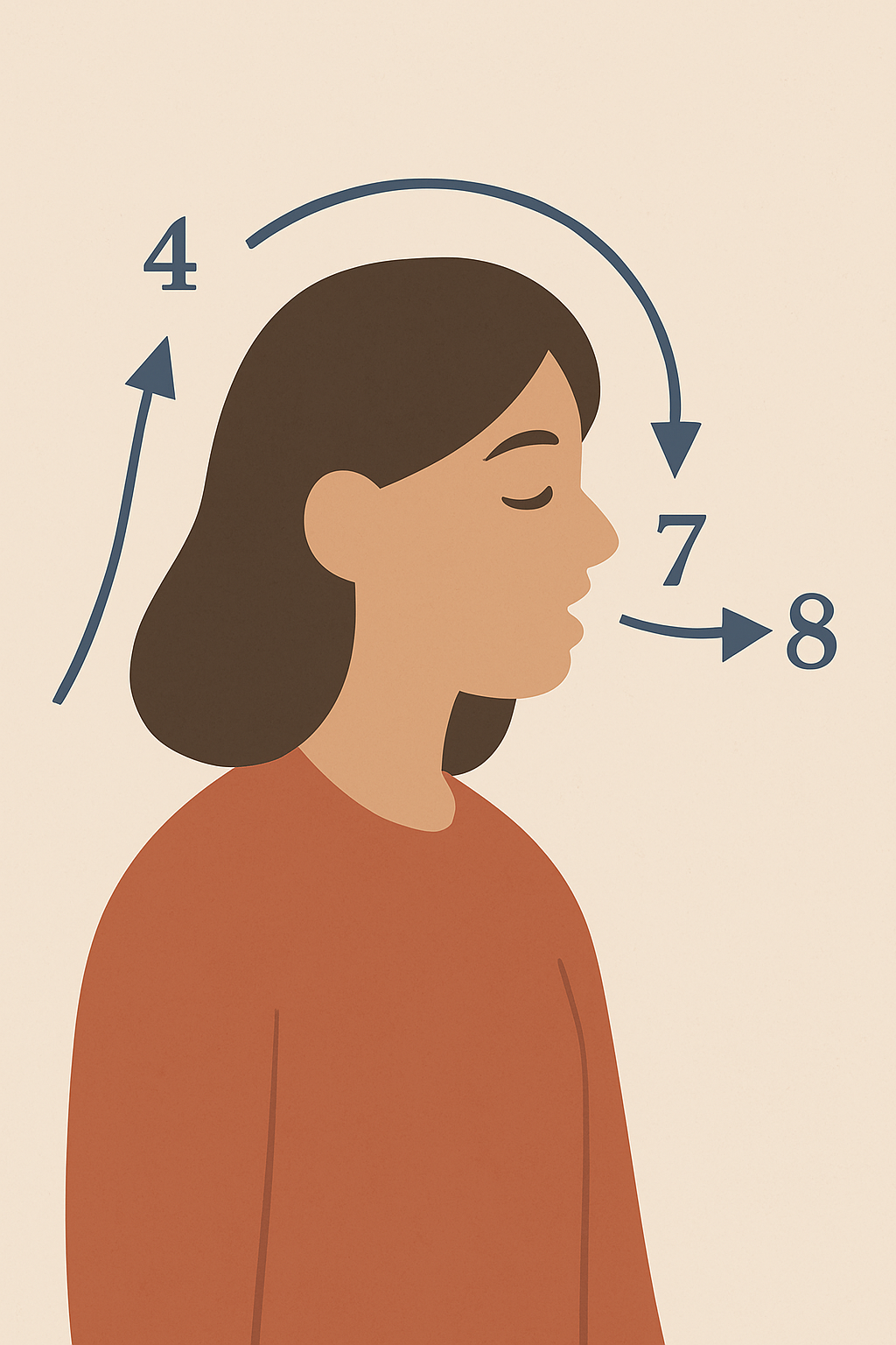 Visual guide showing the 4-7-8 breathing pattern with timing indicators for each breath phase